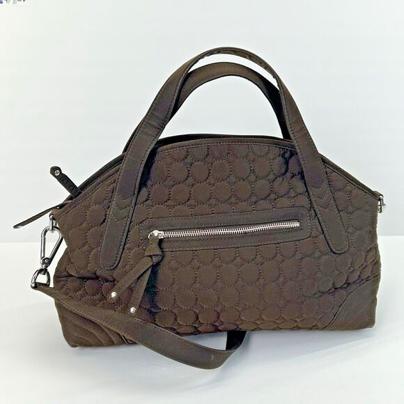 Vera Bradley Microfiber Purse Top Handle Satchel Quilted Espresso Brown Circles - Picture 4 of 16